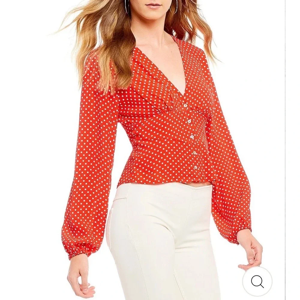 Free People Love Street Red Polka Dot Top S Puff Sleeve Peplum Feminine Retro